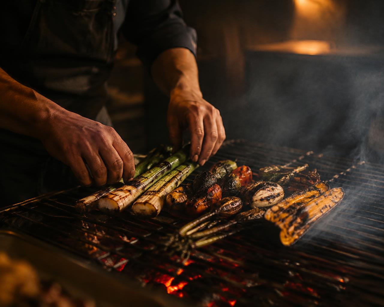 Chef placing leeks and vegetables over glowing coals